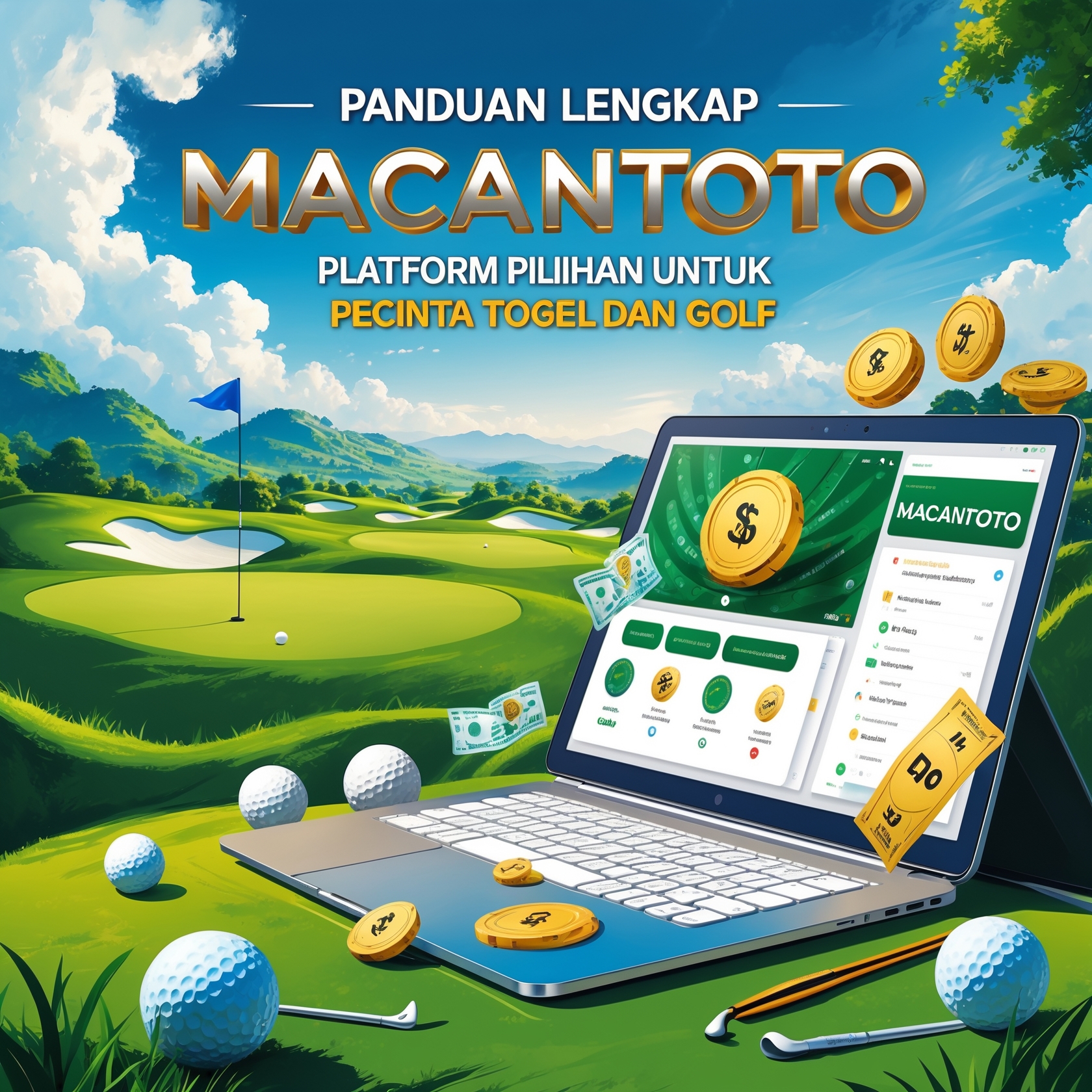 Interface platform Macantoto menampilkan berbagai permainan togel online, statistik live, dan simulasi golf virtual dengan desain profesional dan aman